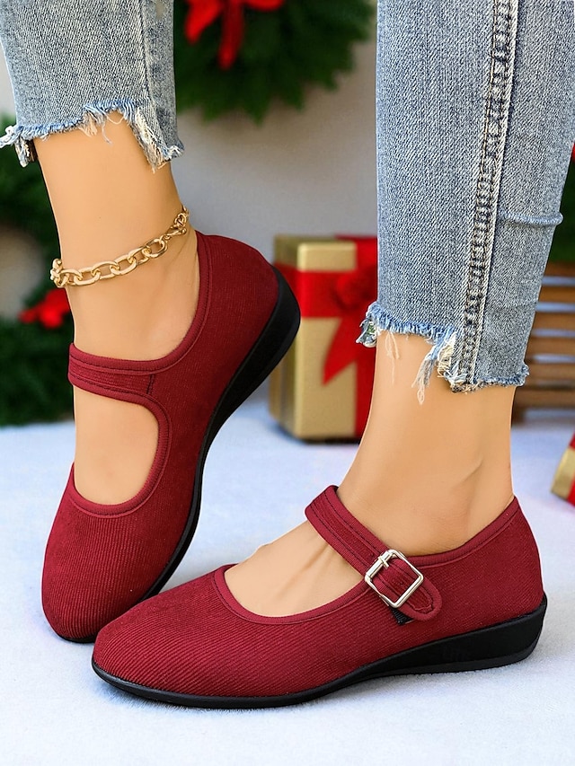 Women's Red Mary Jane Flats with Adjustable Buckle Strap, Comfortable Non-Slip Sole Casual Wear and Festive Christmas Outfits
