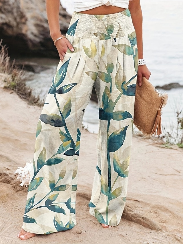  Femmes Pantalon en coton et lin Jambe large Chinos Vacances Mode Occasionnel Longueur complète Taille haute Fleuri Avec Poches Ceinture Élastique Imprimé Confortable Doux Micro-Élastique Extérieur