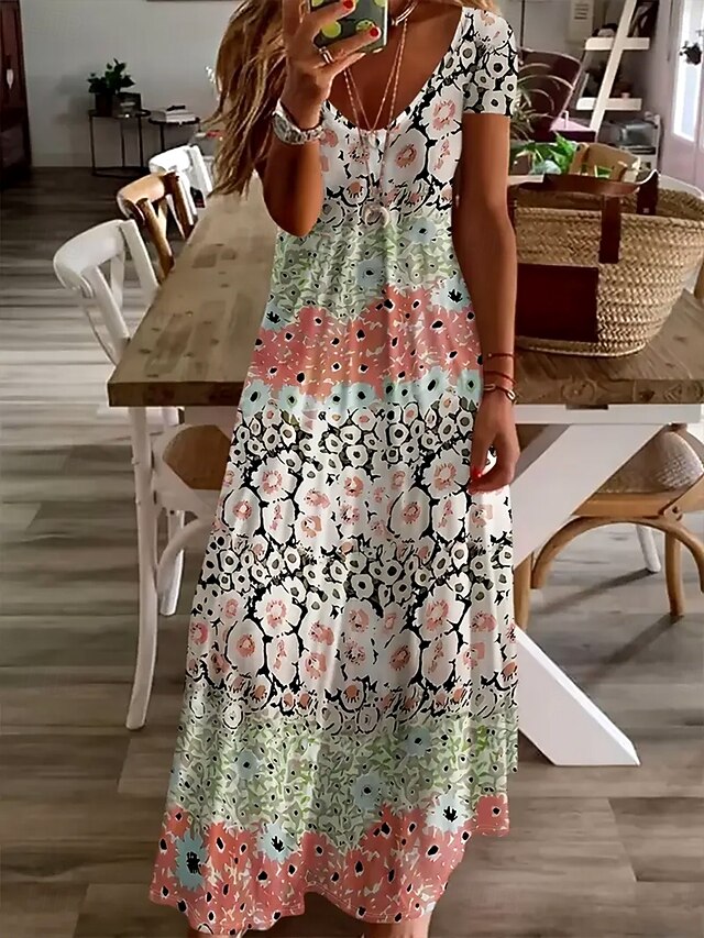 Women's Floor length Casual Dress A Line Dress Summer Dress Elegant Bohemia Vacation Regular Fit Ombre Floral Graphic Short Sleeve U Neck Light Green Summer Spring Fall4