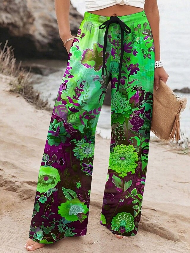 Women's Wide Leg Pants Trousers Vacation Casual Long High Waist Floral Elastic Waist Printing High Cut Breathability Soft Micro-elastic Vacation Street Daily Wear Red Green Spring Fall Regular Fit4