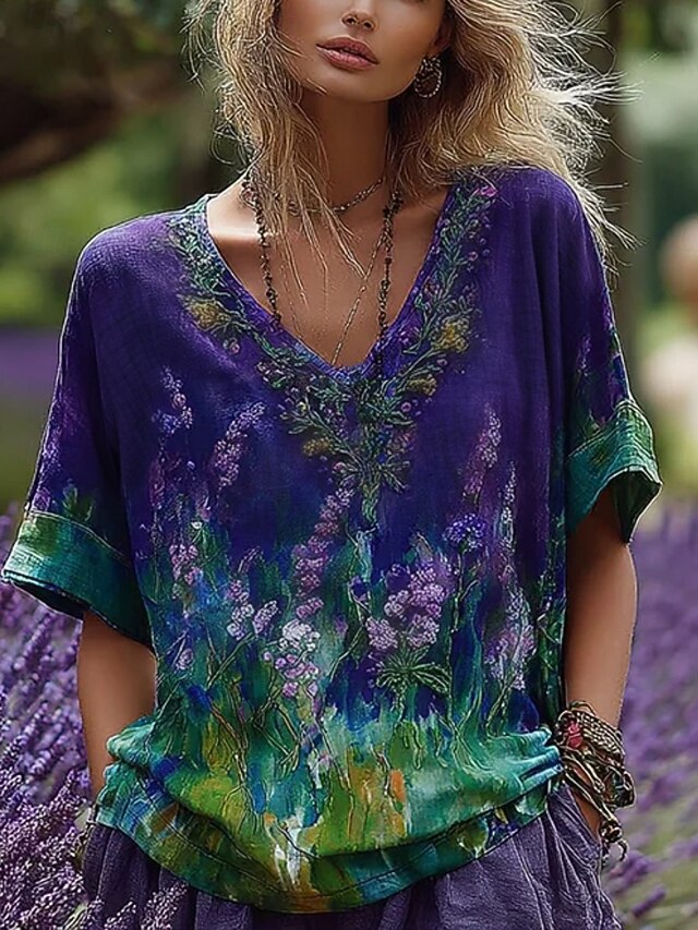 Women's T Shirt Floral Fashion Modern Half Sleeve V Neck Regular Tops Daily Print Purple Summer4
