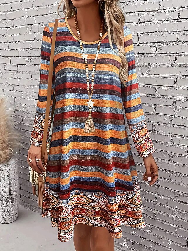Women's Knee Length Dress Knit Dress Casual Dress T Shirt Dress Tee Dress A Line Dress Casual Regular Fit Graphic Geometric Stripe Long Sleeve Crew Neck Orange Spring Fall Winter3