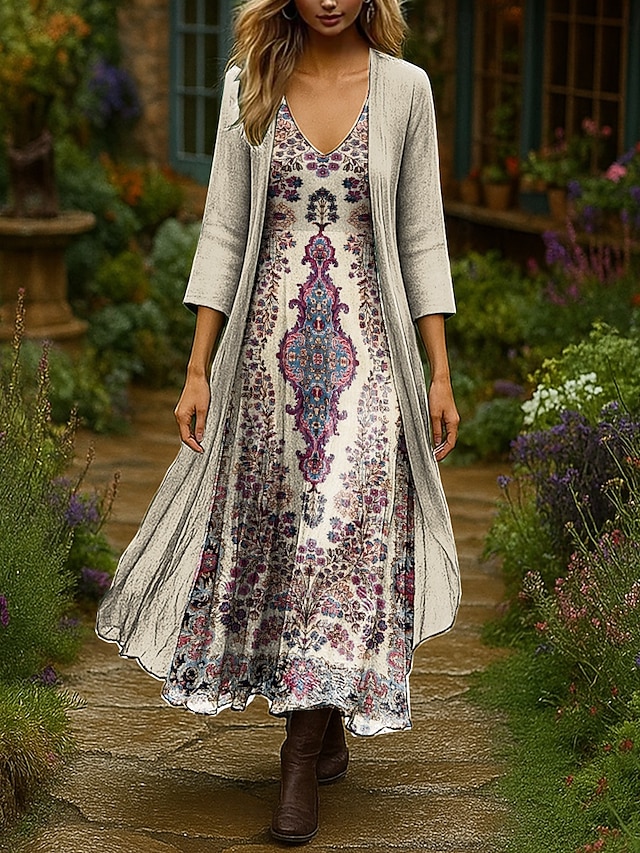  Dam Klänning Set Maxiklänning A linjeklänning Sommarklänning Semester Boho Nyans Blommig Multi lager Mönster Maxiklänning 3/4 ärm V-hals Utomhus Dagligen Svart Rodnande Rosa Orange Sommar Vår Normal