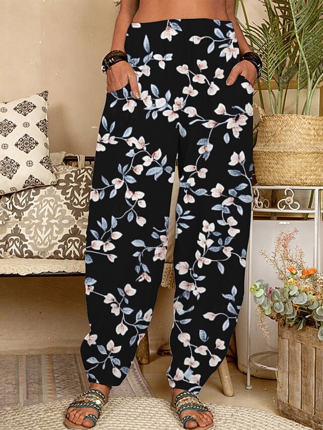 Women's Chinos Pants Trousers Active Fashion Long High Waist Floral Pocket Elastic Waist Printing Breathability Soft Micro-elastic Vacation Street Daily Wear Black Spring Fall Regular Fit4