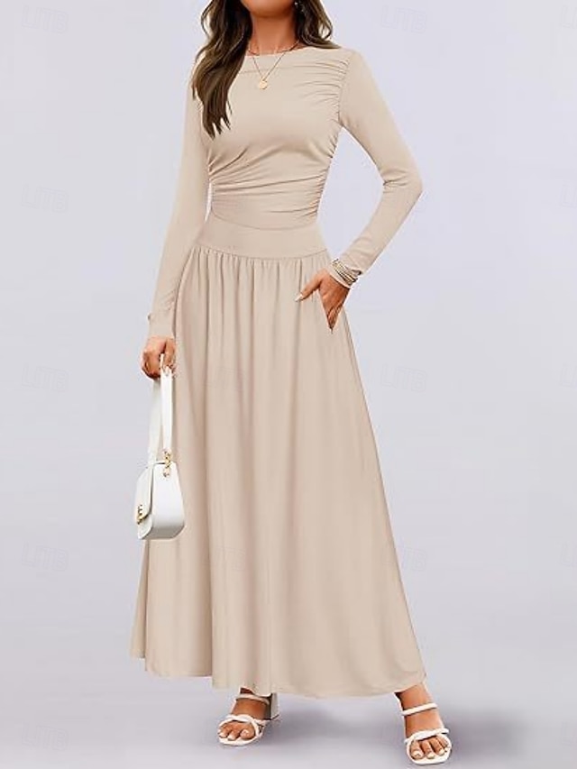 Dames Maxi-jurk Trui-jurk A lijn jurk Casual Dagelijks Normale pasvorm Effen Lange mouw Strakke ronde hals Zwart Blozend Roze Rood Bruin Lente Herfst Winter
