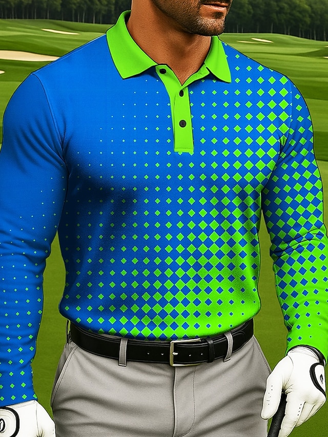  Men's Geometic Golf Polo Long Sleeve Polo Shirts Lapel Casual Athleisure Daily Wear 3D Print Buttons Spring Fall Winter Yellow Orange Green