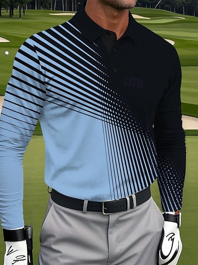  Herr Geometrisk Golf Polo Sport pikétröjor Långärmad Polotröjor Kavajslag Ledigt Fritids- Dagliga kläder 3D-utskrift Knappar Vår Höst Vinter Vit Blå Purpur