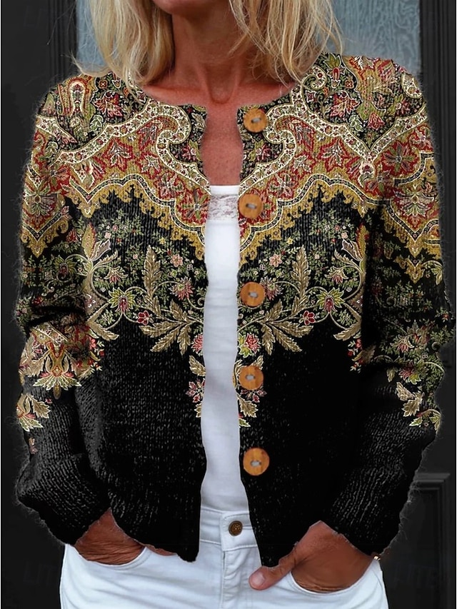  Dames Cardigan Trui Gebreide Ribbel Knop Voor Ronde Hals Lange Mouwen Lichtgewicht Dagelijks Geometrisch Paisley Crew Hals Knoppen Print Reguliere Tops Brei Buiten Weekend Zwart Geel Lent Herfst