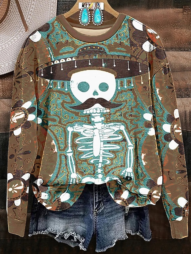  Bluzy damskie na Halloween, grafika z czaszką, ciepłe, codzienne, festiwalowe, z długim rękawem, okrągłym dekoltem, z okrągłym dekoltem, regularne, miejskie, codzienne, codzienne, z nadrukiem,