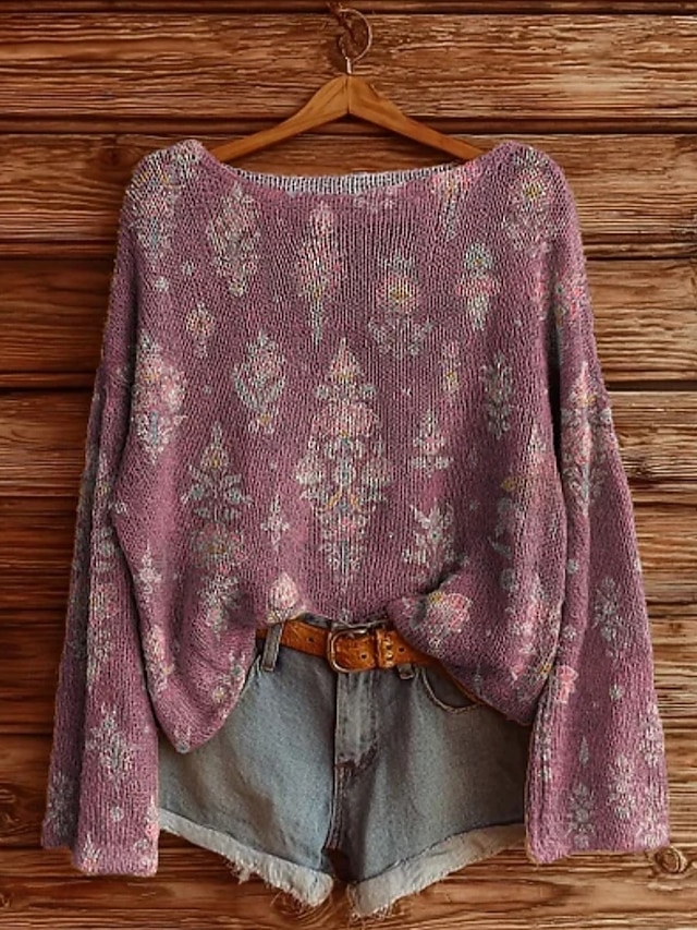  Women's Sweater Casual Soft Floral Vintage Ethnic Long Sleeve Crew Neck Regular Tops Daily Holiday Print Wine Red Purple Fuchsia Spring Fall Winter