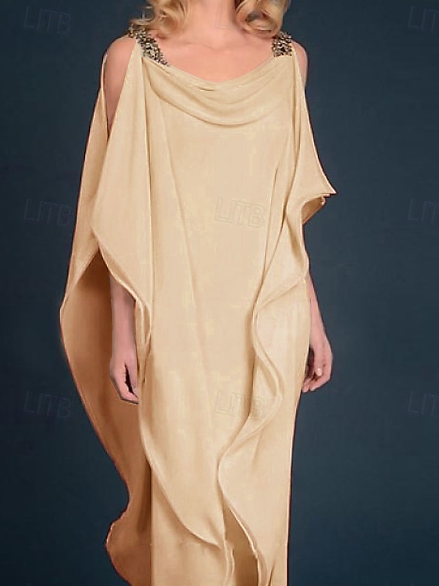  Strand Bröllop Sheath Mor till Bruden Klänning Bröllop Gäst Elegant Plus Size Juvel Uringning Golvlängd Chiffong Halv Ärmm med Pärlbrodering Kaskad Volanger fri skräddarsydd storlek