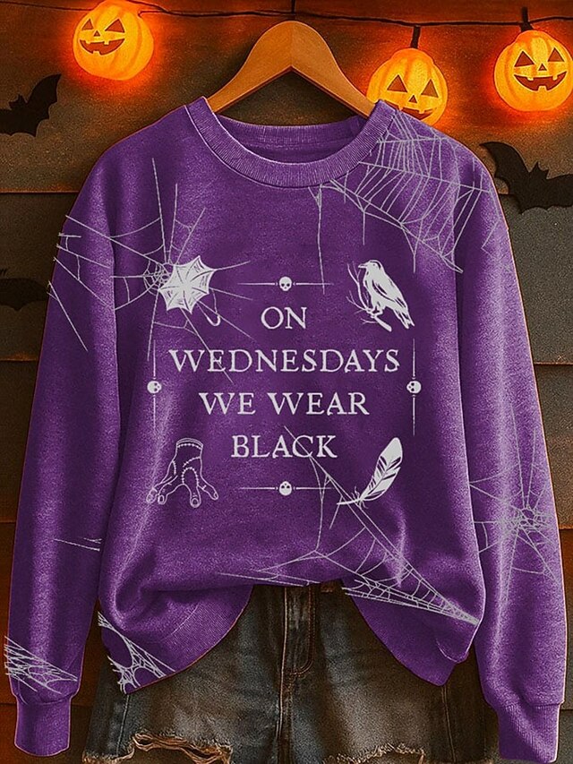  Dame Pullover sweatshirt Grafisk Bogstaver Halloween Mode Afslappet Langærmet Rund hals Almindelige toppe Gade Hverdag Afslappet Trykt mønster Sort Lilla Orange Grå Efterår Vinter