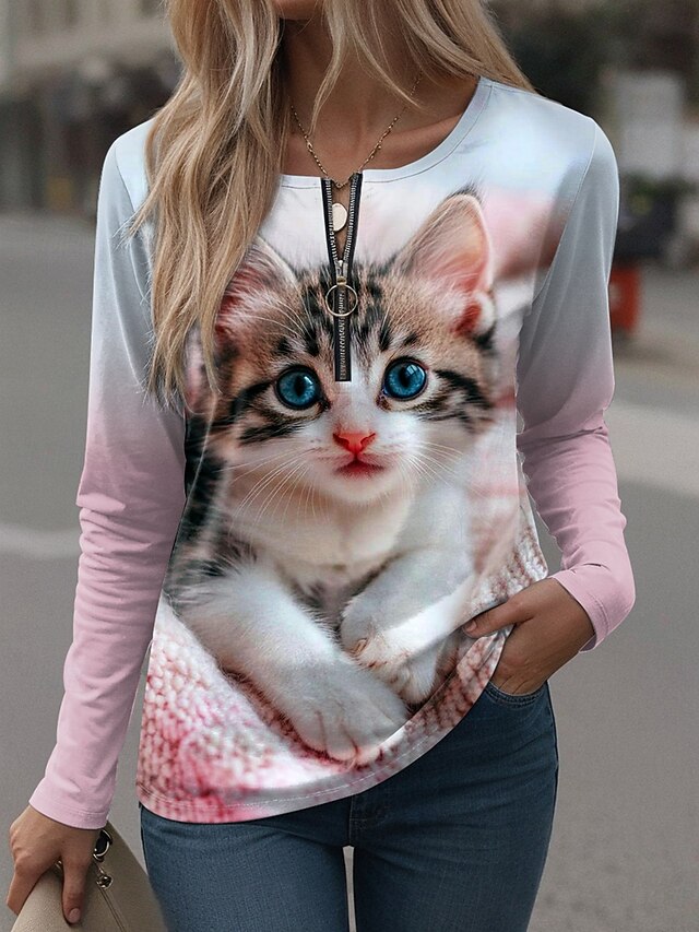 Women's T Shirt Graphic Animal Vintage Casual Long Sleeve Crew Neck Notched Neck Regular Tops Daily Weekend Zipper Print Pink Purple Green Spring Fall Winter4