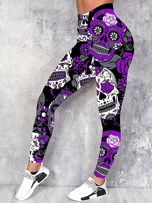 Women's Leggings Vacation Vintage Fashion Full Length High WaistPantsHalloween Graphic Skull Printing Soft Breathable High Elasticity Formal Outdoor Vacation Violet Spring Fall Winter Slim Fit4