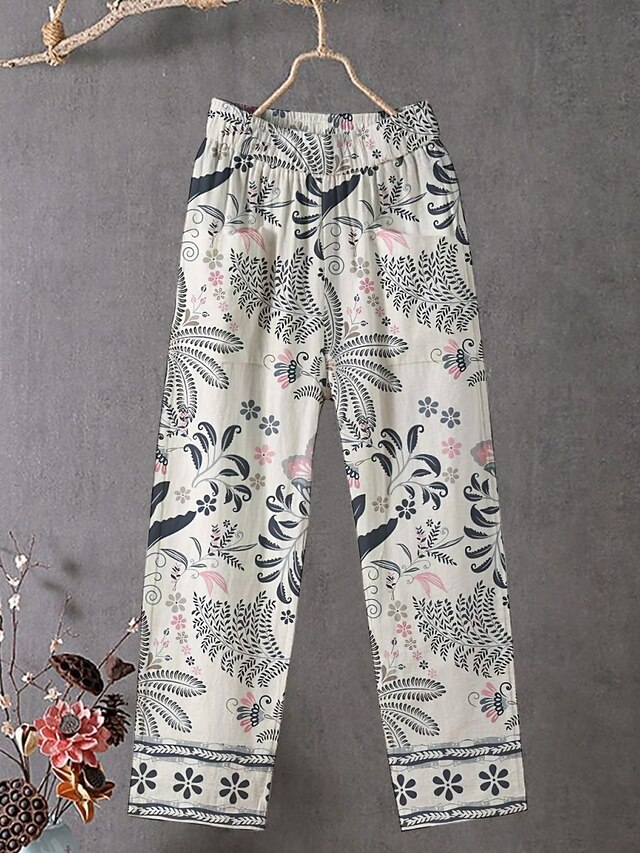 Women's Chinos Pants Trousers Streetwear Casual Full Length High Waist Floral Elastic Waist Print Breathability Comfortable Stretchy Vacation Street Daily Wear Beige Summer Spring Fall Regular Fit4