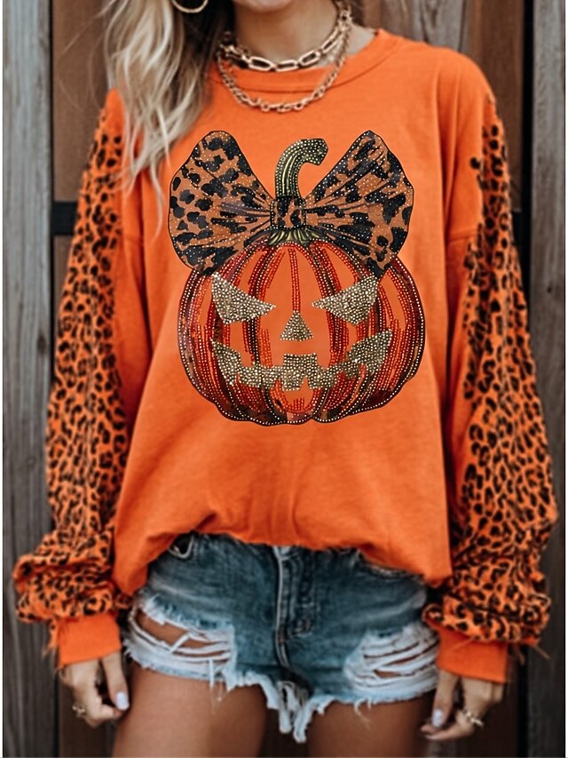 Halloween Women's T Shirt Pumpkin Graphic Letter Vintage Fashion Stylish Long Sleeve Crew Neck Round Neck Regular Tops Daily Weekend Print Orange Fall Winter I Am Cold Always4