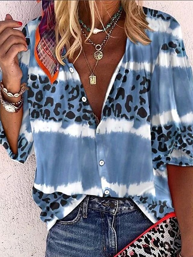Women's Blouse Bohemia Vintage V Neck 3/4 Length Sleeve Floral Graphic Daily Regular Tops Daily Holiday Beach Wear Print Blue Spring Fall4