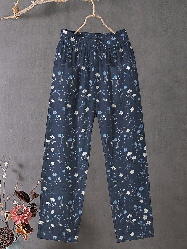 Women's Chinos Pants Trousers Streetwear Casual Full Length High Waist Floral Elastic Waist Print Breathability Comfortable Stretchy Vacation Street Daily Wear Blue Summer Spring Fall Regular Fit4