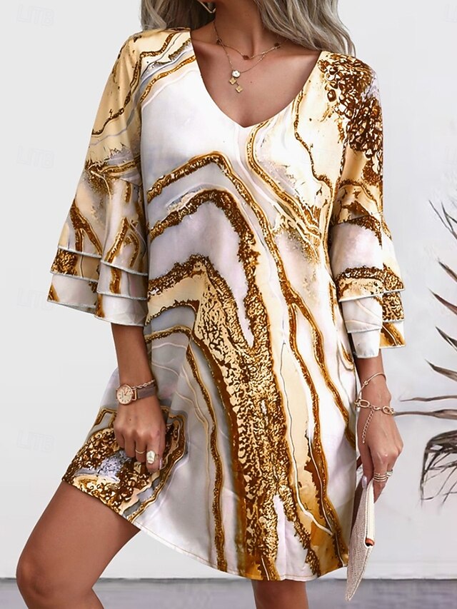 Women's Mini Dress Sundress A Line Dress Vacation Casual Boho Outdoor Party Going out Regular Fit Graphic Abstract 3/4 Length Sleeve V Neck Gold Summer Spring4