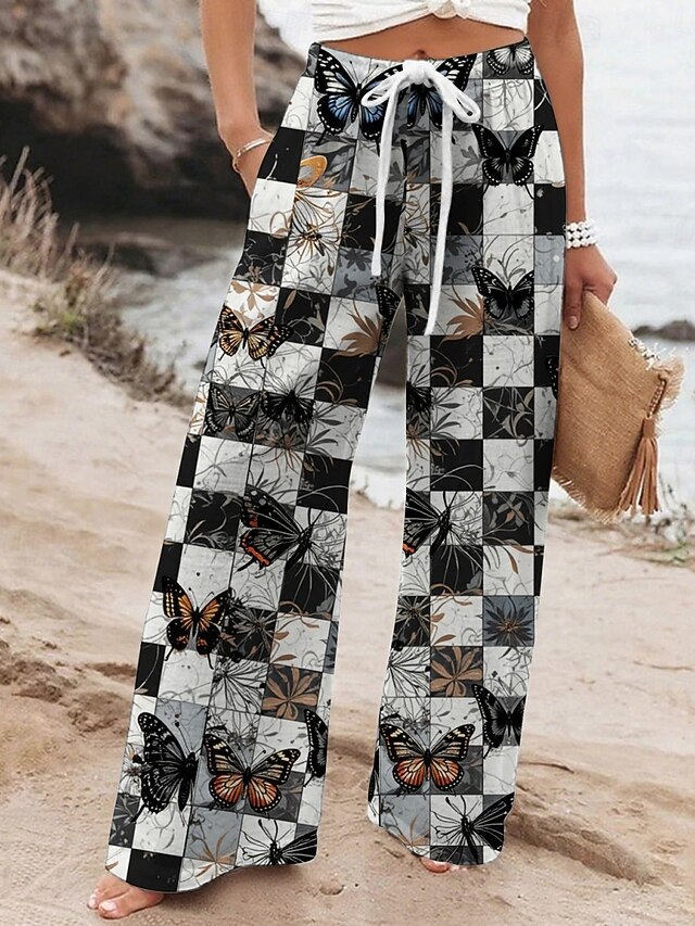 Women's Wide Leg Pants Trousers Vacation Casual Long High Waist Plaid Butterfly Elastic Waist Printing High Cut Breathability Soft Micro-elastic Vacation Street Daily Wear Black Spring Fall Regular4