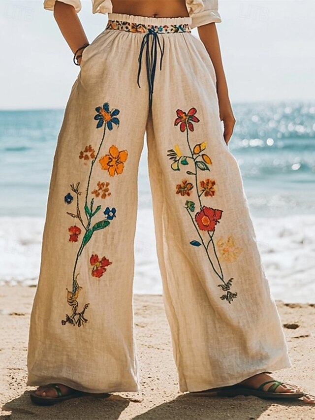 Women's Wide Leg Pants Trousers Palazzo Pants Fashion Boho Full Length High Waist Flower Drawstring Elastic Waist Print Breathability Comfortable Street Daily Wear Going out Khaki Spring Fall Regular4