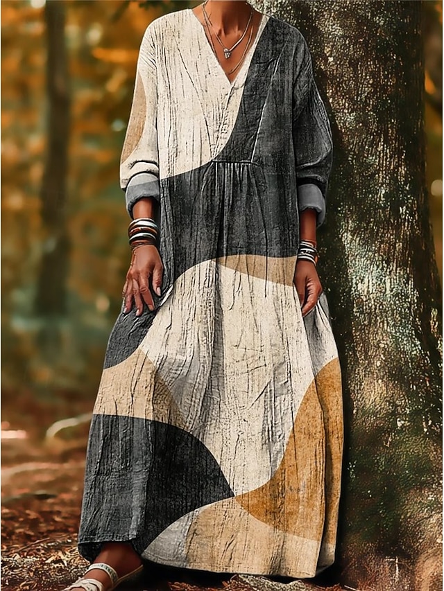 Dame Maxikjole Sommerkjole A Linje Kjole Ferie Afslappet Boheme Fest Ferie Strand Løstsiddende Grafisk Geometrisk Abstrakt Langærmet V-hals Mørkebrun Mørkerød Rød Lysebrun Forår Efterår