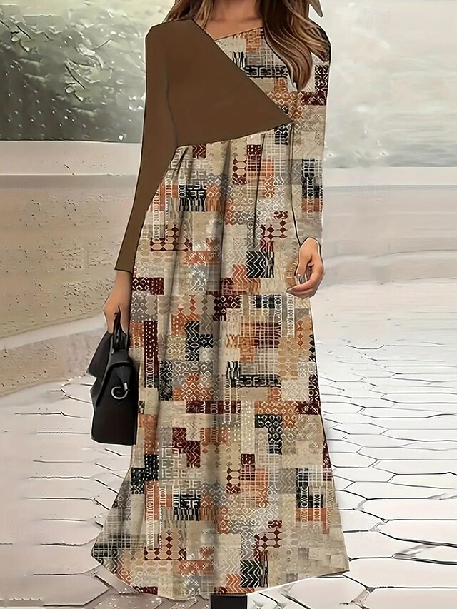 Women's Long Dress Maxi Dress Casual Dress Print Dress Fashion Modern Daily Date Weekend Regular Fit Geometric Long Sleeve V Neck Brown Spring Fall4