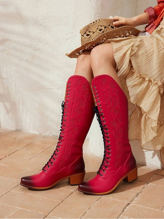  vintage červené šněrovací westernové kovbojské boty - dámské kožené boty po kolena pro country a western akce