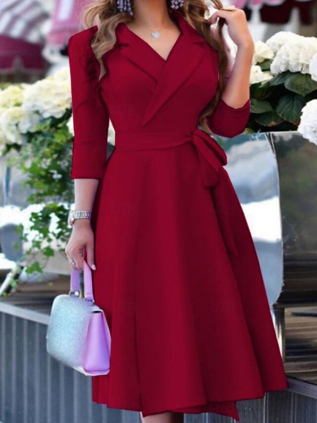 Women's Midi Dress A Line Dress Casual Daily Holiday Regular Fit Plain 3/4 Length Sleeve V Neck Black Wine Purple Summer Spring Fall4