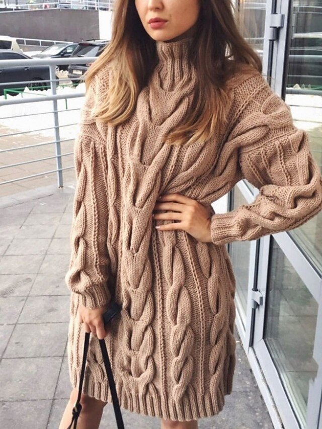 Women's Sweater Sweater Dress Casual Soft Pure Color Ribbed Crew Neck Knitted Long Sleeve Long Tops Knit Outdoor Daily Weekend Black Green Fall Winter4