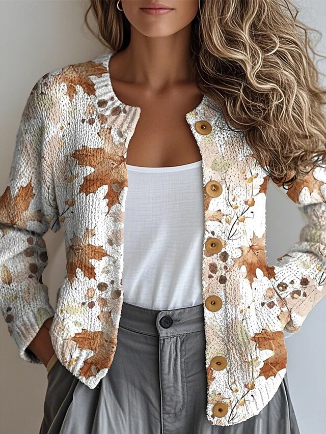 Women's Cardigan Fashion Daily Casual Floral Graphic Ribbed Crew Neck Buttons Print Long Sleeve Regular Tops Knit Outdoor Daily Date Camel Fall Winter4