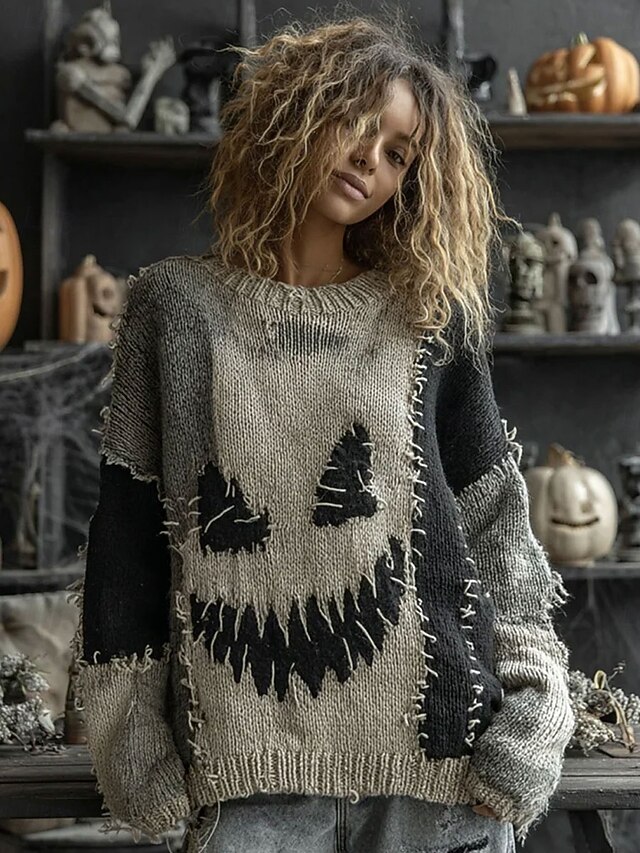 Women's Sweater Cute Streetwear Casual Graphic Pumpkin Crew Neck Patchwork Knitted Long Sleeve Regular Tops Knit Halloween Orange Green Fall Winter4
