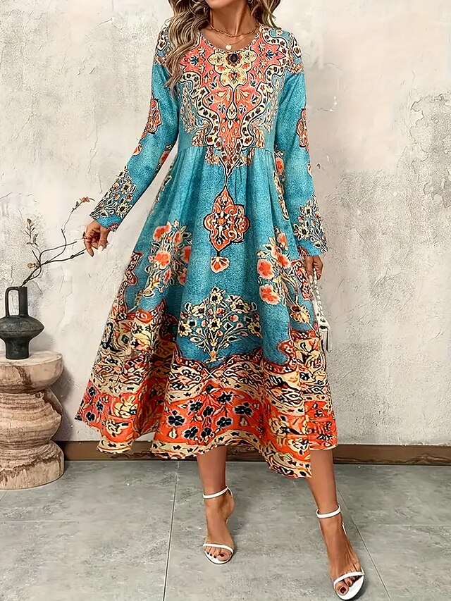 Women's Maxi Dress A Line Dress Fit And Flare Dress Vacation Casual Boho Party Daily Going out Regular Fit Graphic Tribal Long Sleeve Crew Neck Green Spring Fall Winter3