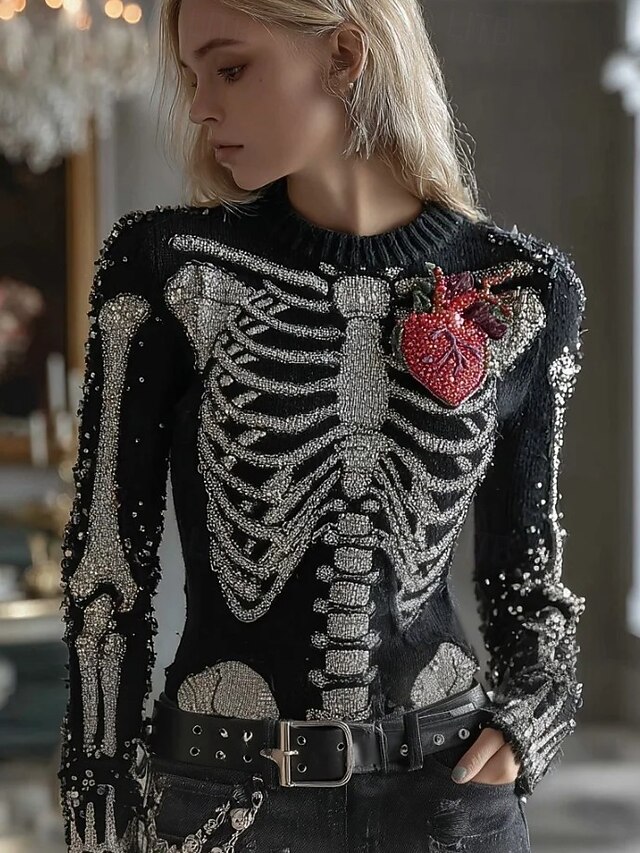 Halloween Women's Sweater Skeleton  Cute Streetwear Casual Graphic Skeleton Crew Neck Knitted Long Sleeve Regular Tops KnitWhite Pink Fall Winter3