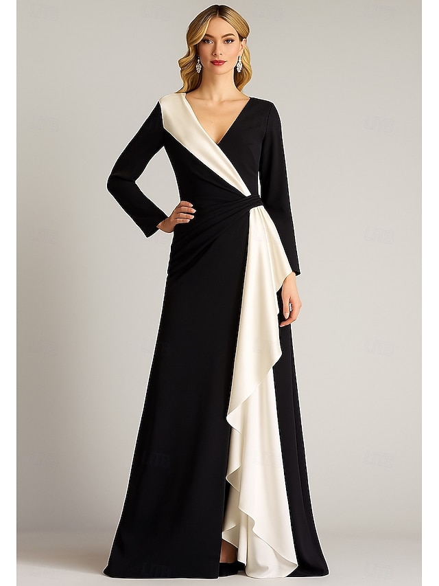  A-Linie Abendkleid Elegant Formelle Kleidung Formell Hochzeit Bodenlang Langarm V Ausschnitt Gürtel / Schärpe Stretch-Crêpe mit Falten 2025