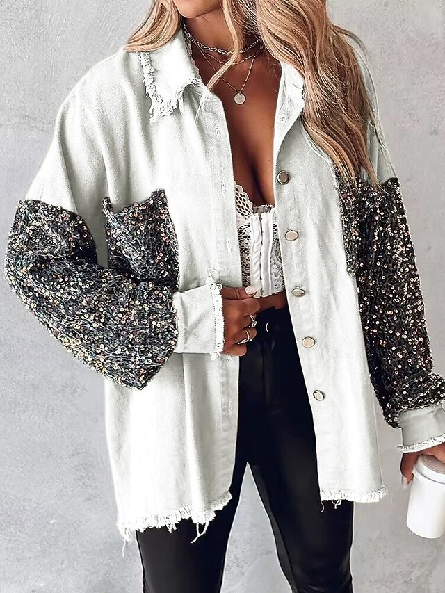 Women's Casual Jacket Comfortable Breathable Pocket Buttons Casual Color Block Vacation Street Casual Daily Wear Single Breasted Short Turndown Loose Fit Long Sleeve Outerwear White Spring Fall4