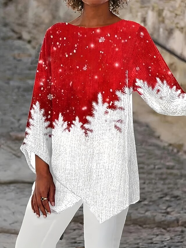 Christmas Women's Blouse Graphic Snowflake Vintage Tropical Stylish 3/4 Length Sleeve Crew Neck Boat Neck Regular Tops Daily Holiday Print Red Spring Fall Winter4