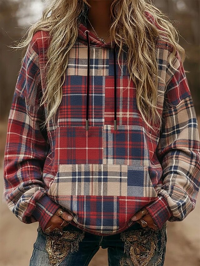 Women's Pullover Hoodies Plaid Fashion Streetwear Casual Long Sleeve Hooded Regular Tops Dailywear Casual Sports Drawstring Pocket Print Red Spring Fall4