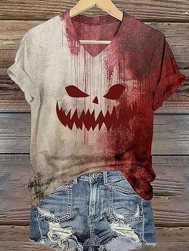 Halloween Women's T Shirt Graphic Pumpkin Vintage Stylish Classic Short Sleeve V Neck Regular Tops Daily Print Beige Summer Fall Winter4