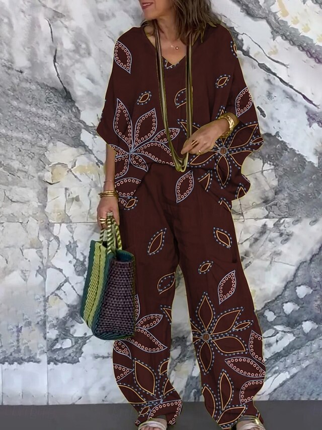 Women's Vacation Fashion Pants Sets 3/4 Length Sleeve V Neck Floral Print Vacation Daily Holiday Wine Green Summer Regular Fit4