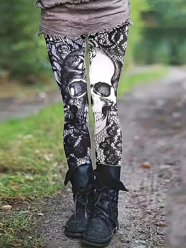 Women's Leggings Cozy Leggings Basic Casual Full Length High WaistPantsHalloween Skull Printing Thermal Warm Comfortable Stretchy Street Casual Daily Black Fall Winter Slim Fit4