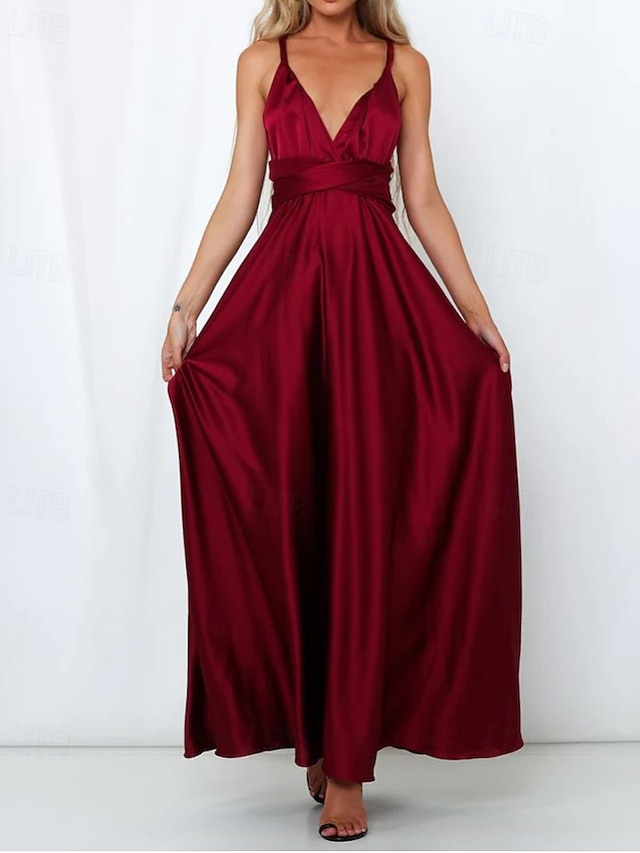 Damen Langes Kleid Maxikleid Partykleid Cocktailkleid Satinkleid Unterkleid Mode Modern Party Abendgesellschaft Normale Passform Einfach Langarm V Ausschnitt Rosa Wein Marineblau Dunkelgrün Frühling