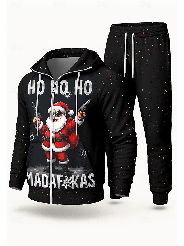 Christmas Men's Hoodie Tracksuit 2 Piece Tracksuit Drawstring Zip Up Letter Clothing Suit Fall Black Vocation Outdoor Travel Lightweight Fashion Long Sleeve Sport Activewear Stretchy Regular Fit4