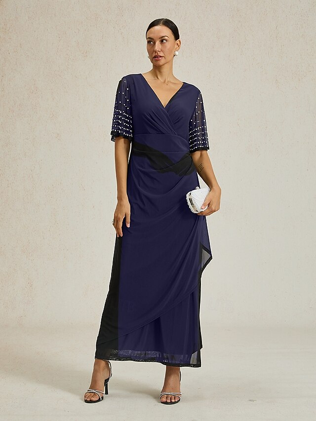 Women's Maxi Dress Sheath Dress Elegant Solid Color Short Sleeve V Neck Navy Blue Summer Spring Fall3