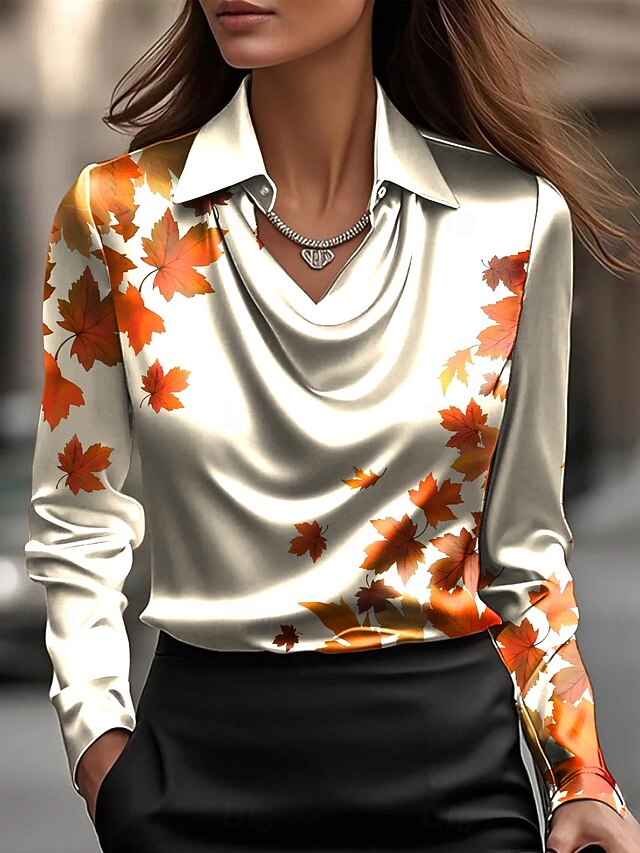 Women's Shirt Floral Graphic Leaf Elegant Vintage Stylish Long Sleeve Cowl Neck Regular Tops Work Party Evening Wear Daily Ruched Draped Yellow Orange Beige Summer Fall4