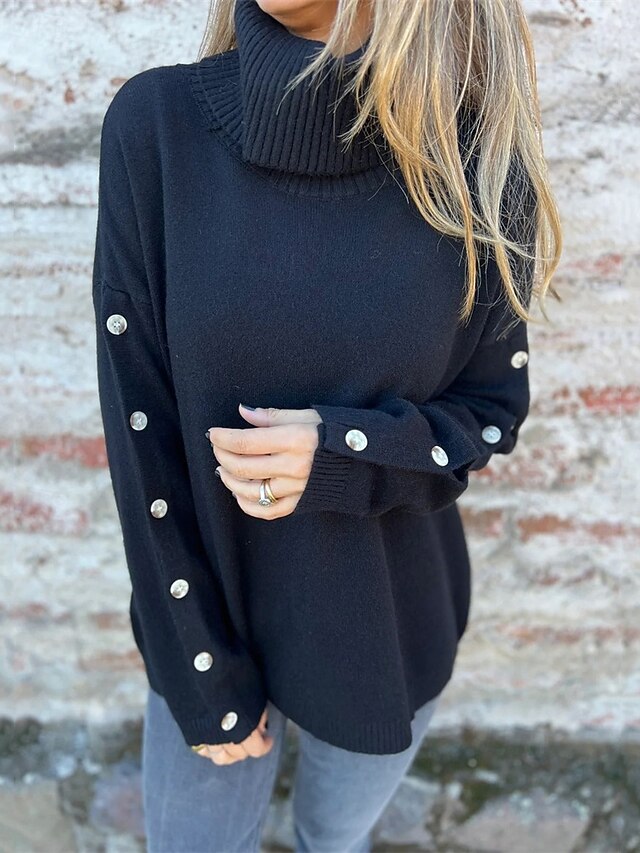 Women's Sweater Fashion Streetwear Casual Pure Color Ribbed Turtleneck Buttons Knitted Long Sleeve Regular Tops Knit Outdoor Daily Weekend Black Fall Winter4