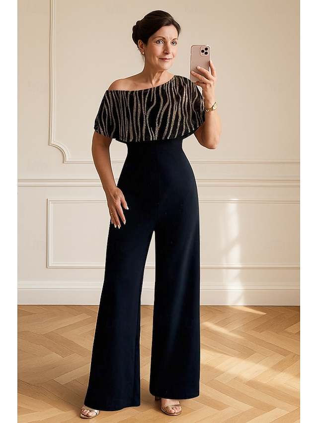  Overalls Brautmutterkleid Formell Elegant Minimalistisch Ein-Schulter Bodenlang Stretch Satin Kurzarm mit Farbblock