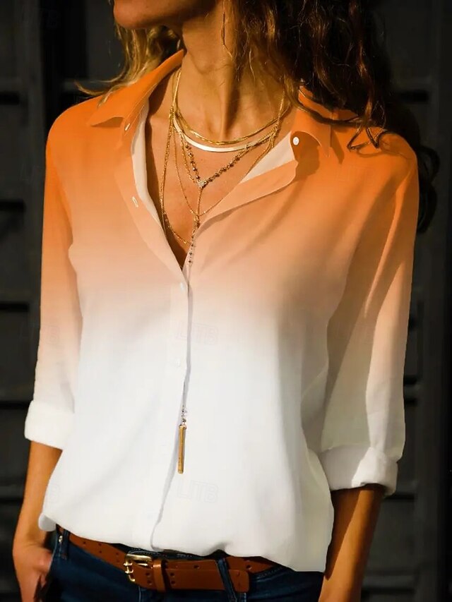 Women's Shirt Floral Color Gradient Casual Long Sleeve Shirt Collar Regular Tops Work Daily Buttons Print Yellow Spring Fall Winter Spring, Fall, Winter4