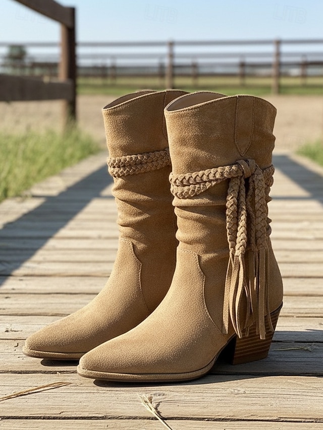  Botas femininas de camurça boêmia de cano médio com design de borlas trançadas e salto grosso - calçado casual estilo retrô western para festas e festivais