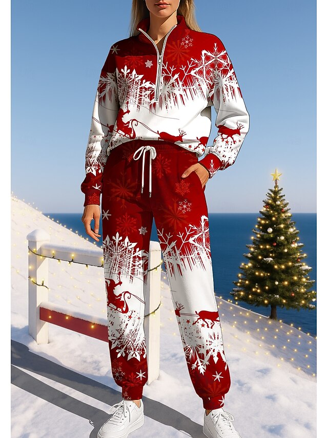 Christmas Women's Sweatshirt Tracksuit Sweatsuit Drawstring Zipper Jacket and Sweatpants Athletic Clothing Set Spring White+Red Casual Workout Outdoor Soft Baggy Long Sleeve Sport Activewear4